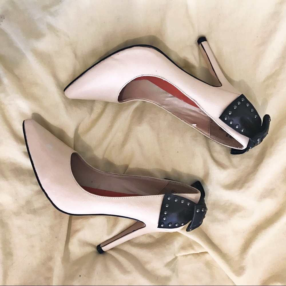 Light Beige Stilettos with Black Studded Bow